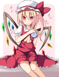 Rule 34 | 1girl, ascot, blonde hair, bow, dress, eating, flandre scarlet, food, food on face, hat, hat bow, mob cap, ominaeshi (takenoko), puffy short sleeves, puffy sleeves, red dress, red eyes, shirt, short sleeves, side ponytail, simple background, solo, touhou, wings
