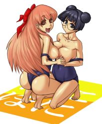 Rule 34 | 00s, 2girls, ass, barefoot, black hair, breast press, breasts, breasts out, clothes pull, double bun, feet, female focus, glasses, hair bun, holding hands, huge breasts, kneeling, konakona, large breasts, long hair, multiple girls, nipples, one-piece swimsuit, one-piece swimsuit pull, open mouth, orange hair, pani poni dash!, school swimsuit, shiratori suzune, short hair, simple background, swimsuit, symmetrical docking, tachibana rei