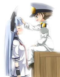 Rule 34 | 10s, 1boy, 1girl, :d, admiral (kancolle), black gloves, bloom, blue hair, blunt bangs, blush, brown hair, closed eyes, closed mouth, crate, dress, fingerless gloves, from side, gloves, hair ribbon, hat, headgear, height difference, highres, kantai collection, little boy admiral (kancolle), long hair, long sleeves, looking at another, military, military hat, military uniform, murakumo (kancolle), neckerchief, nose blush, open mouth, peaked cap, profile, rappa (rappaya), red ribbon, ribbon, sailor dress, school uniform, serafuku, sidelocks, sitting, smile, spiked hair, tress ribbon, uniform, very long hair, white background