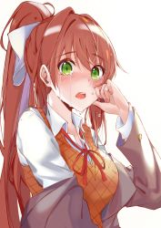 Rule 34 | 1girl, blush, breasts, brown hair, commentary, crying, crying with eyes open, doki doki literature club, english commentary, green eyes, grey jacket, hair ribbon, highres, jacket, long hair, long sleeves, looking at viewer, medium breasts, monika (doki doki literature club), open mouth, orange vest, ponytail, ribbon, school uniform, shirt, simple background, solo, tears, upper body, vest, white background, white ribbon, white shirt, wing collar, xhunzei