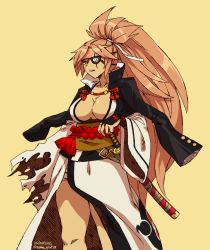 Rule 34 | 1girl, baiken, breasts, caramelized tomatoes, cleavage, eyepatch, guilty gear, guilty gear xrd, japanese clothes, kataginu, katana, kimono, large breasts, long hair, missing limb, pink eyes, pink hair, ponytail, sword, very long hair, weapon, yellow background