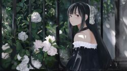 Rule 34 | 1girl, absurdres, bare shoulders, black choker, black dress, black eyes, black hair, blunt bangs, choker, closed mouth, commentary, dappled sunlight, dress, english commentary, fence, flower, head scarf, highres, junito715, lace, leaf, long hair, looking at viewer, original, rose, signature, solo, strapless, strapless dress, sunlight, upper body, white flower, white rose