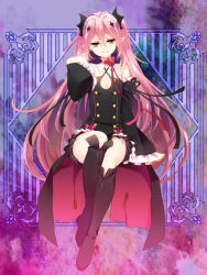 Rule 34 | 10s, 1girl, bad id, bad pixiv id, bare shoulders, black dress, black thighhighs, boots, choker, detached sleeves, dress, full body, krul tepes, long hair, looking at viewer, owari no seraph, pink hair, pointy ears, red eyes, ribbon, sitting, smile, solo, suzushiro, thigh boots, thighhighs, two side up, vampire, very long hair
