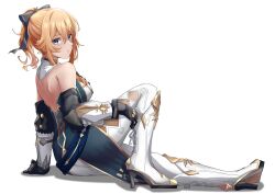 Rule 34 | 1girl, arm support, arm up, bare back, bare shoulders, black bow, blonde hair, blue eyes, boots, bow, breasts, closed mouth, detached collar, detached sleeves, expressionless, full body, gauntlets, genshin impact, highres, jean (genshin impact), jean (gunnhildr&#039;s legacy) (genshin impact), leg up, looking at viewer, medium breasts, metal gloves, mon-chan, official alternate costume, pants, ponytail, sidelocks, simple background, sitting, solo, white background, white footwear, white pants