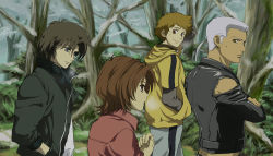 Rule 34 | 00s, 4boys, blue clover, blue eyes, breath, brown eyes, brown hair, forest, grey hair, hands in pockets, hige, highres, jacket, kiba, male focus, multiple boys, nature, short hair, smile, toboe, torn clothes, tsume, walking, wolf&#039;s rain, yellow eyes
