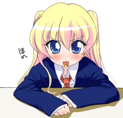 Rule 34 | 00s, 1girl, blazer, blonde hair, blue eyes, capsule, child, collared shirt, duplicate, jacket, long sleeves, looking at viewer, loose necktie, necktie, pani poni dash!, pill, rebecca miyamoto, school uniform, shirt, simple background, solo, tongue, tongue out, upper body, white background