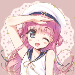 Rule 34 | 1girl, ;d, arm up, blue sailor collar, blush stickers, close-up, commentary request, dress, eyelashes, eyes visible through hair, fang, floating hair, grey eyes, hair between eyes, haku89, hat, head tilt, katou umi, light brown background, long hair, looking at viewer, neck ribbon, one eye closed, open mouth, purple hair, ribbon, sailor collar, sailor dress, sailor hat, salute, shikishi, signature, simple background, sleeveless, sleeveless dress, smile, solo, summer pockets, two side up, white hat, yellow ribbon