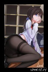 Rule 34 | 1girl, ass, bad id, bad pixiv id, black pantyhose, blue eyes, covering own mouth, crying, crying with eyes open, lasel, loafers, long hair, looking at viewer, original, panties, panties under pantyhose, pantyhose, pleated skirt, school uniform, serafuku, shoes, sitting, skirt, solo, tears, thighband pantyhose, underwear