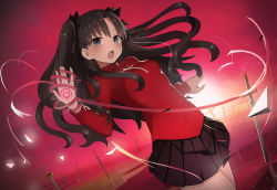 Rule 34 | 1girl, black hair, blue eyes, ccaw, command spell, dutch angle, fate/stay night, fate (series), field of blades, hair ribbon, highres, planted sword, planted, red theme, ribbon, solo, sword, thighhighs, tohsaka rin, two side up, weapon