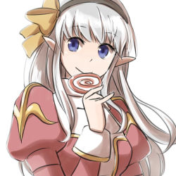 Rule 34 | 1girl, black hairband, bow, bow hairband, breasts, candy, closed mouth, commentary request, cross, dress, food, hairband, high priest (ragnarok online), holding, holding candy, holding food, holding lollipop, juliet sleeves, lollipop, long hair, long sleeves, looking at viewer, medium breasts, natsuya (kuttuki), pointy ears, puffy sleeves, purple eyes, ragnarok online, red dress, simple background, smile, solo, two-tone dress, upper body, white background, white dress, white hair, yellow bow