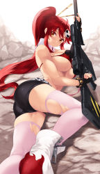 Rule 34 | 1girl, ass, belt, bikini, bikini top only, black gloves, black shorts, blush, boots, breasts, cait aron, closed mouth, fingerless gloves, gloves, gun, hair ornament, highres, holding, holding gun, holding weapon, large breasts, long hair, looking at viewer, lying, on side, pink thighhighs, ponytail, red bikini, red hair, rifle, rock, scarf, scope, short shorts, shorts, sidelocks, skull hair ornament, sniper rifle, solo, studded belt, sweat, swimsuit, tengen toppa gurren lagann, thighhighs, thighs, torn clothes, torn thighhighs, underboob, weapon, white footwear, yellow eyes, yoko littner, zipper pull tab