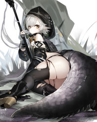 Rule 34 | 1girl, ahoge, arknights, ass, bare shoulders, black footwear, black thighhighs, boots, commentary, crocodilian tail, grey eyes, hand up, high heel boots, high heels, highres, holding, holding staff, hood, large tail, long sleeves, nima (niru54), pointy ears, short hair, silver hair, skindentation, solo, staff, tail, thick thighs, thighhighs, thighs, tomimi (arknights), torn clothes, torn thighhighs