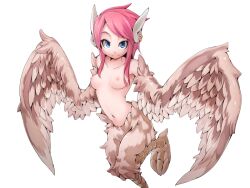 Rule 34 | 1girl, bird legs, blue eyes, blush, breasts, brown feathers, brown wings, earrings, feather hair, feathered wings, feathers, frfr, game cg, harpy, jewelry, looking at viewer, mon-musu quest!, monster girl, multicolored hair, navel, nipples, non-web source, nude, pink hair, reina (mon-musu quest!), short hair with long locks, sidelocks, small breasts, smile, solo, talons, transparent background, winged arms, wings