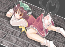 Rule 34 | 1girl, :&lt;, animal ears, ass, bloomers, blush, cat ears, cat girl, cat tail, chen, china dress, chinese clothes, dress, earrings, female focus, hat, jewelry, konechi, short hair, solo, tail, top-down bottom-up, touhou, underwear