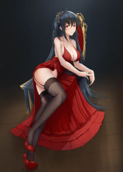 Rule 34 | 1girl, ahoge, azur lane, bare shoulders, black hair, black thighhighs, blush, breasts, cleavage, collarbone, dress, full body, garter straps, hair between eyes, hair ornament, high heels, highres, large breasts, long dress, long hair, looking at viewer, lying, no panties, official alternate costume, on side, parted lips, pumps, red dress, red eyes, red footwear, shiro haoto, shoes, smile, solo, stiletto heels, taihou (azur lane), taihou (forbidden feast) (azur lane), thighhighs, throne, two side up, very long hair, wooden floor