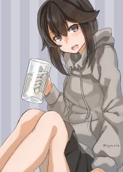 Rule 34 | 1girl, black hair, black skirt, blush, cup, drink, drinking glass, feet out of frame, grey eyes, grey hoodie, hair between eyes, hayasui (kancolle), highres, holding, holding cup, hood, hoodie, kantai collection, long sleeves, open mouth, pleated skirt, short hair, skirt, smile, solo, sugue tettou, teeth, twitter username, upper teeth only
