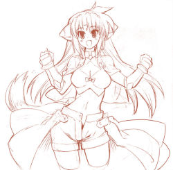 Rule 34 | 00s, 1girl, :d, arf, breasts, brown theme, cleavage, cleavage cutout, clenched hands, clothing cutout, crop top, cropped legs, long hair, looking at viewer, lyrical nanoha, mahou shoujo lyrical nanoha, midriff, momiji mao, monochrome, navel, open fly, open mouth, shorts, simple background, smile, solo, stomach, very long hair, white background