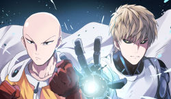 Rule 34 | 2boys, bad id, bad pixiv id, bald, brown hair, cape, clenched hand, collarbone, eunram, genos, gloves, looking at viewer, male focus, multiple boys, one-punch man, red gloves, saitama (one-punch man), short hair