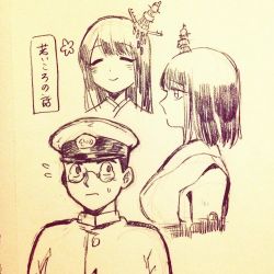Rule 34 | 10s, 1boy, 2girls, admiral (kancolle), detached sleeves, fusou (kancolle), glasses, hair ornament, japanese clothes, kantai collection, long hair, military, military uniform, monochrome, multiple girls, nontraditional miko, shigemitsu jun, short hair, translation request, uniform, yamashiro (kancolle)