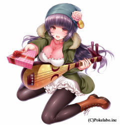 Rule 34 | 1girl, beanie, biwa lute, black pantyhose, blunt bangs, blush, boots, box, breasts, coat, flower, fur trim, gift, gift box, hat, hat flower, hizuki akira, incoming gift, instrument, large breasts, long hair, looking at viewer, lute (instrument), nail polish, open mouth, original, pantyhose, pink nails, purple hair, red eyes, simple background, sitting, solo, wariza, white background