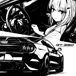 Rule 34 | 1girl, car, collared shirt, commentary, english commentary, ford, ford mustang, ford mustang gt350r, ford mustang s550, from behind, frown, greyscale, hair ornament, hairclip, highres, looking at viewer, monochrome, motor vehicle, multiple views, muscle car, nougat (73r1r1), original, shadow, shirt, spoiler (automobile), steering wheel, vehicle focus