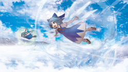 Rule 34 | 2girls, animal ears, blue dress, blue eyes, blue hair, blue sky, bow, cirno, cloud, daidai ookami, daiyousei, dress, fairy wings, female focus, flying, green eyes, green hair, hair bow, hair ribbon, mouse ears, multiple girls, open mouth, outstretched arms, puffy sleeves, ribbon, shirt, short hair, short sleeves, side ponytail, sky, smile, tokiti, touhou, wings