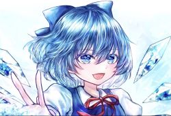 Rule 34 | 1girl, :d, blue background, blue bow, blue dress, blue eyes, blue hair, blue theme, bow, cirno, close-up, commentary request, detached wings, dress, hair between eyes, hair bow, ice, ice wings, neck ribbon, open mouth, pasumaro, pinafore dress, puffy short sleeves, puffy sleeves, red ribbon, ribbon, shirt, short hair, short sleeves, sleeveless dress, smile, solo, touhou, white shirt, wings