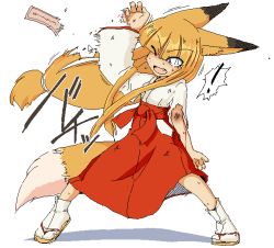 Rule 34 | !, 1girl, animal ears, blonde hair, blood, bruise, commentary request, cursor, fox ears, fox tail, hair ribbon, hime cut, injury, japanese clothes, kimono, kitsunemiko, long hair, looking to the side, miko, one eye closed, original, ribbon, sakifox, sandals, simple background, socks, solo, standing, sweat, tail, torn clothes, very long hair, white background, white socks, wide sleeves