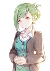 Rule 34 | 1girl, blue vest, brown jacket, closed mouth, collared shirt, commentary request, copyright request, folded ponytail, green hair, highres, interlocked fingers, jacket, long sleeves, looking at viewer, own hands together, shirt, sibyl, simple background, smile, solo, vest, white background, white shirt, wing collar, yellow eyes