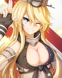 Rule 34 | 10s, 1girl, aidesa, anchor, bad id, bad pixiv id, bare shoulders, blonde hair, blue eyes, breasts, cleavage, detached sleeves, fingerless gloves, gloves, grin, hair between eyes, headgear, iowa (kancolle), kantai collection, large breasts, long hair, looking at viewer, one eye closed, smile, solo, star-shaped pupils, star (symbol), symbol-shaped pupils, upper body