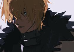 1boy armor black_armor black_fur blonde_hair blue_eyes breastplate dimitri_alexandre_blaiddyd domu_(hamadura) eyepatch fire_emblem fire_emblem:_three_houses hair_between_eyes highres looking_ahead male_focus nintendo one_eye_covered parted_lips simple_background solo upper_body white_background