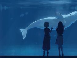 2girls aquarium black_hair blonde_hair blue_theme chinese_commentary commentary_request fish highres inoue_takina kafuuchino_(chouti) long_hair lycoris_recoil multiple_girls nishikigi_chisato one_side_up pointing short_hair short_sleeves skirt standing