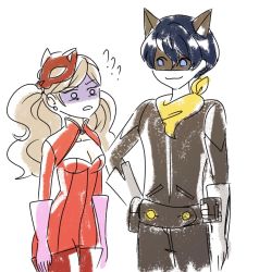 Rule 34 | 1boy, 1girl, ?, ??, bandana, blonde hair, boots, catsuit, cleavage cutout, clothing cutout, commentary, confused, english commentary, gimmie20dollas, gloves, hand on own hip, highres, looking at another, mask, mask on head, morgana (persona 5), persona, persona 5, persona 5 the royal, shaded face, simple background, smile, takamaki anne, thigh boots, thighhighs, twintails, white background, white gloves