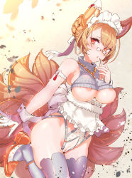 Rule 34 | 1girl, animal ears, areola slip, arm at side, bare shoulders, belt, blonde hair, blush, braid, breasts, cameltoe, cleft of venus, covered erect nipples, crop top, eyes visible through hair, finger to mouth, fox ears, fox tail, french braid, glasses, gloves, grey thighhighs, hair ribbon, hand up, leg up, light particles, maid headdress, medium breasts, mole, mole under eye, multiple tails, no bra, no panties, original, parted lips, revealing clothes, ribbon, see-through, shoes, single glove, solo, standing, tail, tajima ryuushi, thighhighs, underwear, white gloves, white ribbon, wrist cuffs