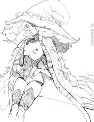 Rule 34 | 1girl, 2022, artist name, breasts, cape, cleft of venus, closed mouth, elden ring, feet out of frame, female focus, hat, long hair, monochrome, nipples, one eye closed, pussy, ranni the witch, simple background, sitting, sketch, small breasts, solo, sooperman, thighs, uncensored, white background, witch hat