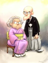 Rule 34 | alternate costume, artist name, bald, couple, courage the cowardly dog, eustace bagge, frown, glasses, grey hair, gyosone, japanese clothes, kimono, muriel bagge, obi, old, old man, old woman, sandals, sash, sitting, smile, standing, v-shaped eyebrows