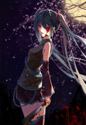 Rule 34 | 1girl, aqua hair, bare shoulders, blood, boots, cherry blossoms, dark persona, detached sleeves, green hair, hatsune miku, highres, knife, long hair, moon, necktie, pleated skirt, red eyes, skirt, solo, thigh boots, thighhighs, tianya beiming, twintails, very long hair, vocaloid