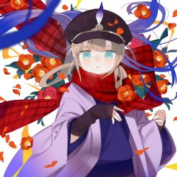 Rule 34 | 1boy, \||/, arm warmers, artist name, blue eyes, blue hair, blue kimono, blunt bangs, blush, cabbie hat, captain nemo (fate), fate/grand order, fate (series), floating hair, flower, gradient hair, hands up, haori, hat, hat feather, japanese clothes, kimono, leaf, light blush, light brown hair, liorac, long hair, looking at viewer, low twintails, multicolored hair, nemo (fate), nose blush, petals, plaid, plaid scarf, poppy (flower), red flower, red scarf, scarf, solo, twintails, upper body, very long hair, white background, wide sleeves, wind, wind lift, yukata