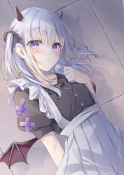 Rule 34 | 1girl, absurdres, apron, black shirt, blush, commentary request, demon, demon girl, demon horns, eyes visible through hair, hand on own chest, highres, horns, kmr 7m, looking at viewer, maid, original, parted lips, puffy short sleeves, puffy sleeves, purple eyes, shadow, shirt, short sleeves, solo, two side up, white apron, white hair