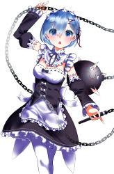 Rule 34 | 1girl, absurdres, arm up, bad id, bad pixiv id, blue eyes, blue hair, blush, breasts, chestnut mouth, cleavage, detached sleeves, flail, hair between eyes, hair ornament, highres, holding, holding weapon, long sleeves, looking at viewer, maid, maid headdress, medium breasts, morning star, open mouth, poppypilf, re:zero kara hajimeru isekai seikatsu, rem (re:zero), ribbon-trimmed clothes, ribbon trim, short hair, simple background, solo, weapon, white background, white legwear, x hair ornament