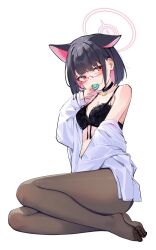 Rule 34 | 1girl, animal ears, bare shoulders, black bra, black choker, black hair, black pantyhose, blue archive, bra, breasts, cat ears, choker, cleavage, colored inner animal ears, colored inner hair, commentary request, eating, extra ears, feet, food, food in mouth, glasses, halo, highres, kazusa (blue archive), legs, long sleeves, looking to the side, macaron, medium breasts, multicolored hair, no pants, no shoes, off shoulder, open clothes, open shirt, painterliuhao, pantyhose, pendant choker, pink eyes, pink hair, pink halo, red-framed eyewear, semi-rimless eyewear, shirt, short hair, simple background, sitting, solo, toes, two-tone hair, under-rim eyewear, underwear, white background, white shirt, yokozuwari