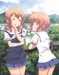 Rule 34 | 10s, 2girls, absurdres, bare legs, breast hold, breasts, brown eyes, building, cityscape, day, dress, closed eyes, fence, finger to mouth, hair ornament, hairclip, highres, ichinose hana, leaning, light brown hair, mountain, multiple girls, official art, outdoors, sailor dress, school uniform, short hair, skirt, sky, slow start, smile, standing, sunlight, sweater, tokura eiko, tree, wooden fence