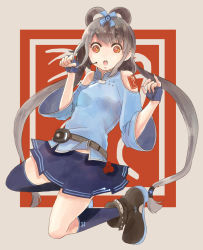 Rule 34 | 1girl, asymmetrical legwear, bad id, bad pixiv id, bare shoulders, belt, bow, fingerless gloves, gloves, grey hair, hair bow, highres, long hair, luo tianyi, mismatched legwear, open mouth, red eyes, shoes, short hair with long locks, single thighhigh, skirt, socks, solo, thighhighs, to (minto91), twintails, vocaloid