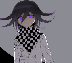Rule 34 | 1boy, 8takenokonosato8, black background, black hair, buttons, checkered clothes, checkered scarf, closed mouth, danganronpa (series), danganronpa v3: killing harmony, double-breasted, frown, glowing, glowing eyes, grey background, hair between eyes, jacket, long sleeves, looking at viewer, male focus, multicolored hair, oma kokichi, purple eyes, scarf, shirt, solo, straitjacket, upper body, white jacket