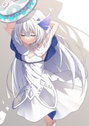 Rule 34 | 1girl, arms behind head, arms up, capelet, closed eyes, closed mouth, commentary request, creek (moon-sky), dress, hair between eyes, highres, long hair, original, sleeveless, sleeveless dress, smile, solo, standing, very long hair, white capelet, white dress, white hair