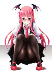 Rule 34 | 1girl, bespectacled, black skirt, black vest, blush, brown pantyhose, collared shirt, demon girl, eyebrows, full body, glasses, highres, koakuma, long hair, long sleeves, looking at viewer, mary janes, panties, pantyhose, pink hair, pleated skirt, pointy ears, red eyes, red hair, shirt, shoes, simple background, skirt, smile, solo, squatting, touhou, underwear, upskirt, very long hair, vest, white background, white panties, white shirt, wing collar, yumi (careca398)