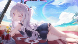 1girl absurdres ahoge ass bare_arms bare_legs bare_shoulders beach beach_mat beach_towel beach_umbrella bikini blue_archive blue_one-piece_swimsuit blue_sky blush breasts closed_mouth cloud cooler cup day demon_girl demon_horns demon_wings drink drinking_glass drinking_straw flower food hair_ornament hairclip halo highres hina_(blue_archive) hina_(swimsuit)_(blue_archive) holding horizon horns ice ice_cube long_hair looking_at_viewer looking_back low_wings lying multiple_horns nm_hao official_alternate_costume old_school_swimsuit on_side one-piece_swimsuit outdoors purple_eyes purple_wings ribbon sand school_swimsuit sky smile solo swimsuit thighs towel umbrella very_long_hair water white_hair wings