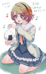 Rule 34 | 1girl, artist name, artist request, bare legs, black hairband, blue shirt, blue sky, blush, bow, breasts, brown footwear, brown hair, collarbone, female focus, full body, hair between eyes, hair bow, hairband, jacket, koizumi hanayo, love live!, love live! school idol festival, love live! school idol project, musical note, neckerchief, orange bow, orange neckerchief, parted lips, purple eyes, sailor collar, shirt, short hair, sky, small breasts, smile, solo, vcream unknow, white jacket