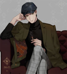 Rule 34 | 1boy, akai shuuichi, arm up, between fingers, black hair, black hat, black shirt, character name, cigarette, commentary request, couch, crossed legs, green eyes, green jacket, grey pants, hat, holding, holding cigarette, jacket, kanamura ren, long sleeves, looking to the side, male focus, meitantei conan, on couch, open clothes, open jacket, pants, parted lips, plaid, plaid pants, shirt, short hair, sitting, smoke, solo, turtleneck