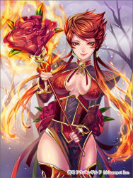 Rule 34 | 1girl, bad id, bad pixiv id, breasts, choker, cleavage, fire, flower, jewelry, large breasts, long hair, lots of jewelry, matsurika youko, original, red eyes, red hair, rose, smile, solo, soukyuu dragon guild, staff, twintails